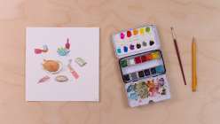 An image of a holiday table laden with festive foods, rendered in watercolor, from Maria Carluccio's Celebrate the Season Daily Holiday Painting Practice class on Creativebug.
