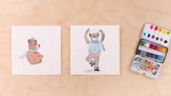 A watercolor image of an exercising teddybear alongside a watercolor of a seated teddy bear, both from Maria Carluccio's Celebrate the Season Daily Holiday Painting Practice class on Creativebug.