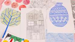 Drawings of a house, a blue vase and a green tree  from Lisa Congdon's Developing your Visual Vocabulary daily practice class on Creativebug