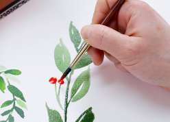 Painting instructor Yao Cheng teaches how to use a palette, and how to mix and apply pigment to paper. She shows how to use paintbrushes, how to paint leaves, trees, and simple geometric shapes.