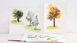 Two finished autumnal images from Yao Cheng's Beginning Watercolor class on Creativebug.